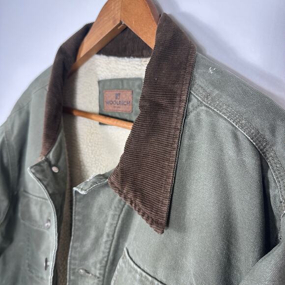 Woolrich Sherpa Lined Trucker Jacket Mens XXL Green Cotton Canvas Corduroy - Picture 13 of 15